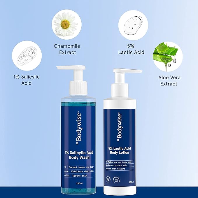 Metrol Be Bodywise 1% Salicylic Acid Bodywash 375 mL with Loofah &amp 5% Lactic Acid Lotion 200 mL for Women | Helps to Prevent Body Acne Cleanses Skin &amp Nourishes Skin | Paraben and SLS Free