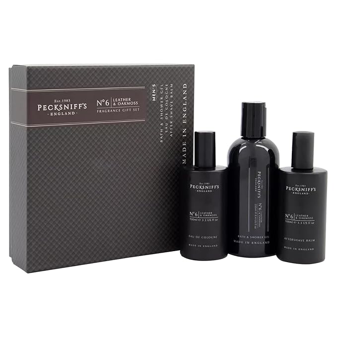 Pecksniff's Fragrance Gift Sets Luxurious Handcrafted in England (Men's Leather &amp Oakmoss: Eau de Cologne 3-in-1 Bath &amp Shower Gel After Shave Balm)