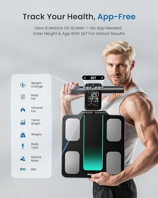 Smart Scale for Body Weight and Fat 8-Electrode Full-Body Composition Scale with Handle Dual-Frequency BIA 28 Body Metrics High Accuracy Syncs with Apple Health &amp Google Fit FSA&ampHSA Elig
