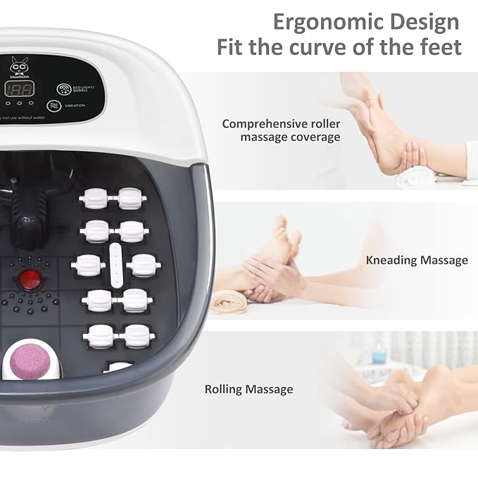 Foot Spa Bath Massager with Heat Bubbles and Vibration Massage and Jets 16 OZ Calming Lavender Foot Soak Epsom Salt Foot Soaker with Red Light 22 Massage Rollers Adjustable Temp - Grey