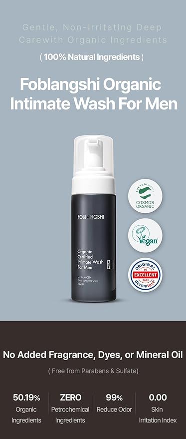 100% Natural Ingredients Premium Organic Intimate Wash for Men pH Balanced Foaming Hygiene Wash Gentle Daily with Probiotics Reduce Odor Sensitive Skin Sulfate-Free Vegan Korea No.1
