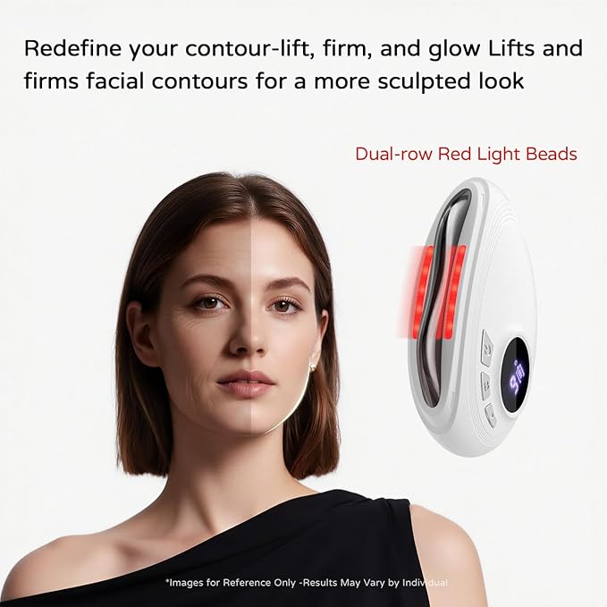 Professional LED Red Light Gua Sha Massager 9-Level Adjustable Face and Neck Sculptor for Skin Firming Jawline Contouring &amp Serum Absorption Portable Metal Facial Skincare Tool - White