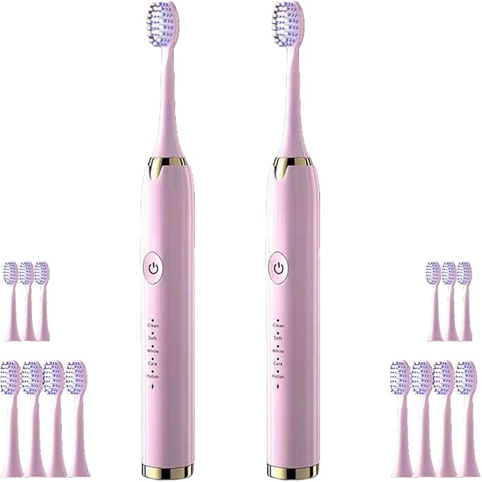 Electric Toothbrush for Adults 2 Pack Rechargeable Sonic Electric Toothbrush Cordless Battery Operated Toothbrush with 5 Modes 16 Brush Heads Travel Toothbrush Set (2PCS Pink)
