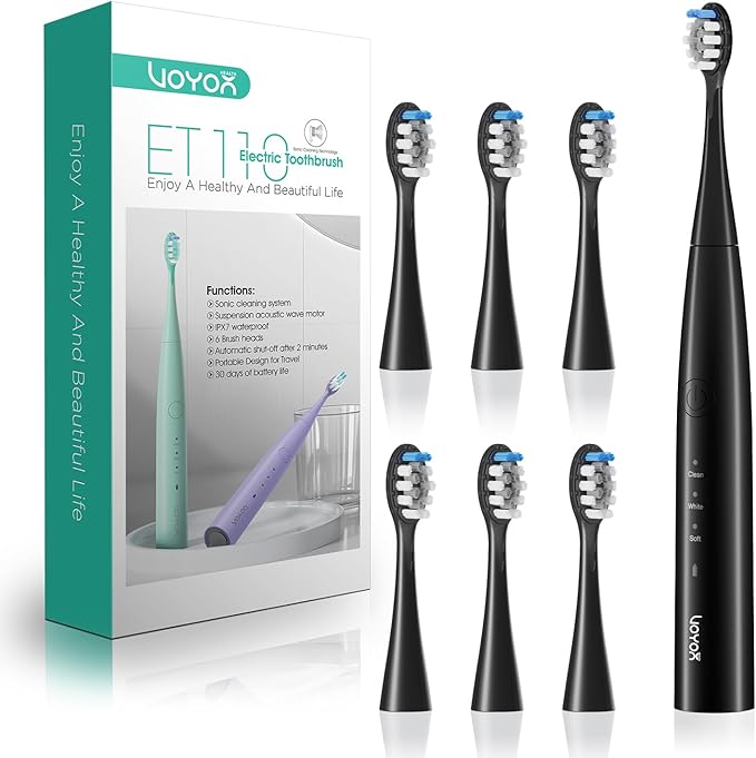 VOYOR-HEALTH Sonic Electric Toothbrush for AdultsTooth Brushes with 6 Brush Heads70-Day Battery LifeIPX7 Waterproof Rechargeable Travel Toothbrushes with 3 Modes for Family Use ET110(Black)