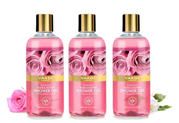 Vaadi Herbals Shower Gel - Sulfate-Free - Herbal Body Wash Both For Men And Women - 300 Ml (10.14 Fl Oz) - (Enchanting Rose &amp Mogra) (3 Bottles)