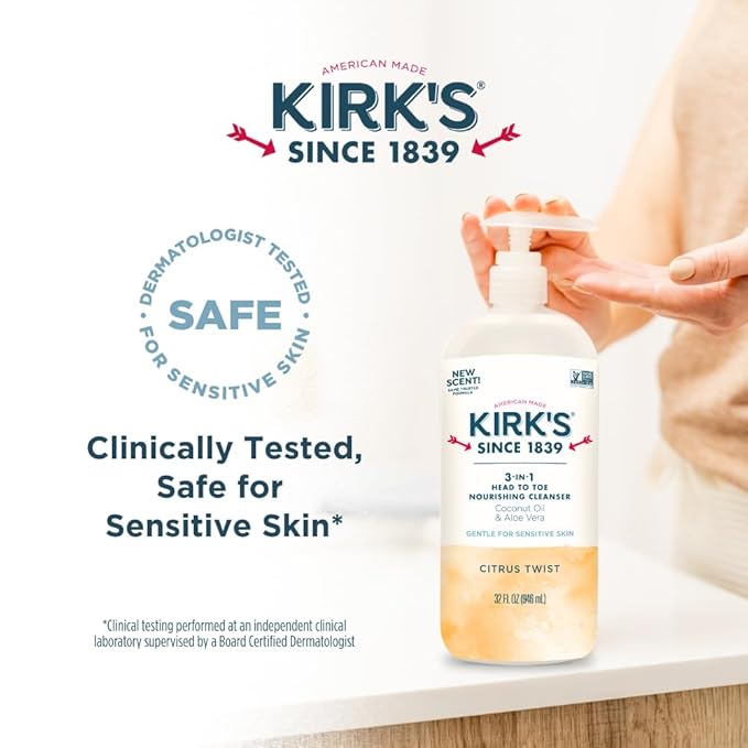 Kirk's 3-in-1 Head to Toe Nourishing Liquid Cleanser- for Men Women &amp Children - Premium Coconut Oil &amp Aloe Vera- Non GMO &amp Vegan - Citrus Twist - 32 Fl Oz. - 2 Pack