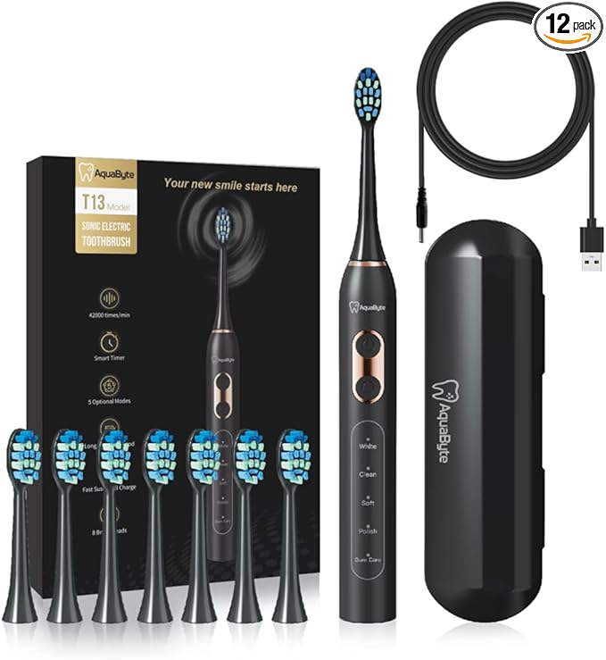 AquaByte Electric Toothbrush. 8 Brush Heads. 5 Modes Smart Timer Travel Case 42000 VPM USB Rechargeable Gum Care Deep Clean Powerful Plaque Removal for Adults.