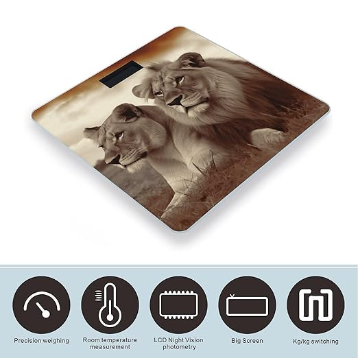African Lion and Lioness Scale for Body Weight Safe Rounded Corners Tempered Glass Digital Bathroom Scale LED Display 400lb Capacity Weight Scales with High Precision Sensors