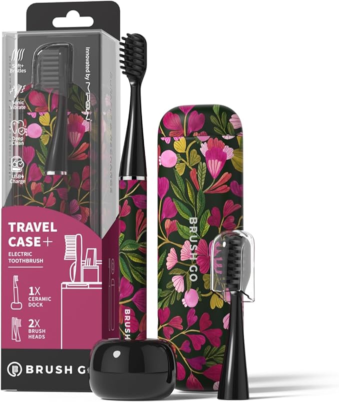 MIPOW Brush GO SlimPro i4 Electric Toothbrush Rechargeable Smart Ultra Sonic 3 Modes Travel Case &amp Ceramic Dock 60Day Battery Soft Bristles 2 Heads IPX7 Waterproof Color-TropicVibe