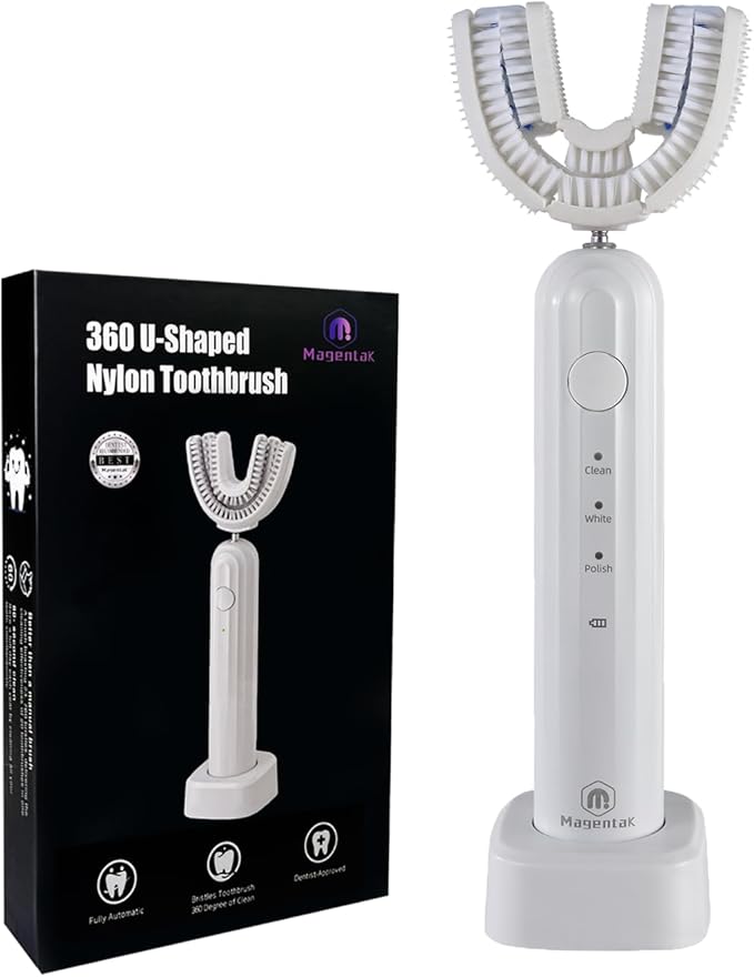 Ultrasonic U Shaped Toothbrush for Adults Electric Toothbrush for 360-degree Cleaning with Wireless Charging Waterproof IPX7 3 Modes for Teeth Whitening(White)