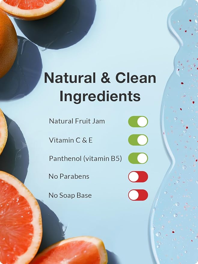 Kustie Grapefruit Body Wash – Jam Texture Exfoliating Shower Gel with Strawberry Seeds Grapefruit Extract &amp Squalane Refreshing &amp Moisturizing Cleanser for Dry &amp Sensitive Skin 19.6 fl