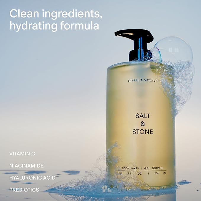 Salt &amp Stone Body Wash with Antioxidants for Deep Moisture | For Women &amp Men Sulfate Paraben &amp Dye Free Leaving Skin Soft and Hydrated | Santal &amp Vetiver 15.2 fl oz