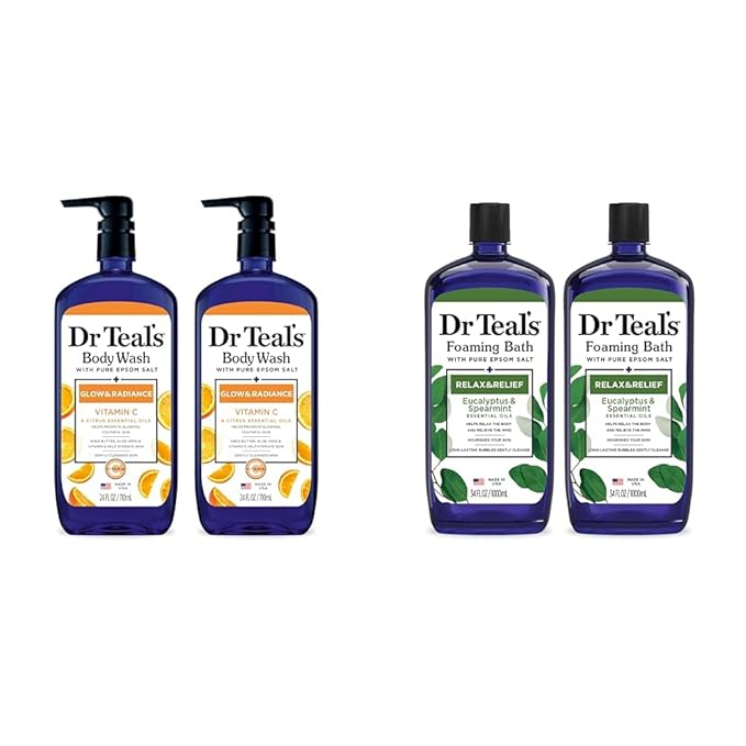 Dr Teal's Body Wash with Epsom Salt (2 x 24oz) &amp Foaming Bath with Epsom Salt (2 x 34oz) Bundle