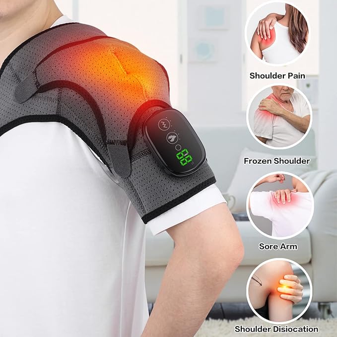 Heated Shoulder Wrap Shoulder Heating Pads Massager for Men Women Electric Cordless Vibration Massage Heated Shoulder Braces with 3 Heating Setting Left Right Shoulder Massage