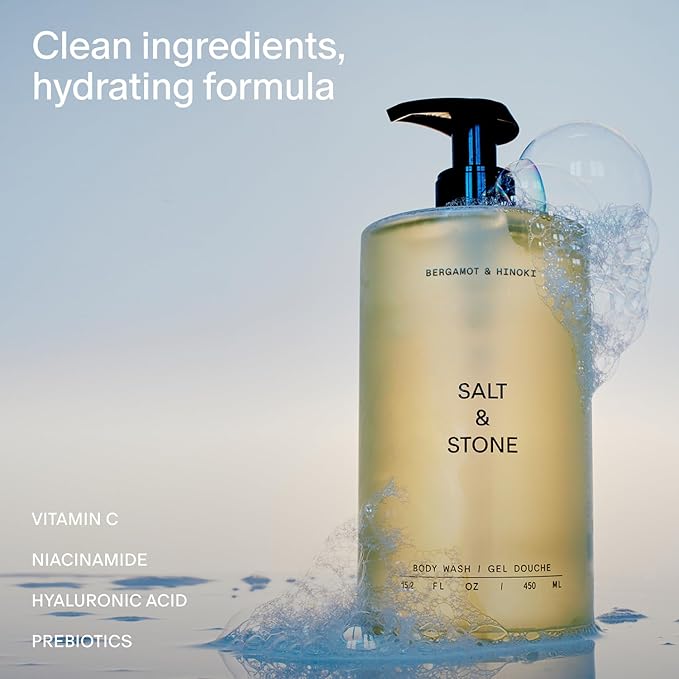 Salt &amp Stone Body Wash with Antioxidants for Deep Moisture | For Women &amp Men Sulfate Paraben &amp Dye Free Leaving Skin Soft and Hydrated | Bergamot &amp Hinoki 15.2 fl oz