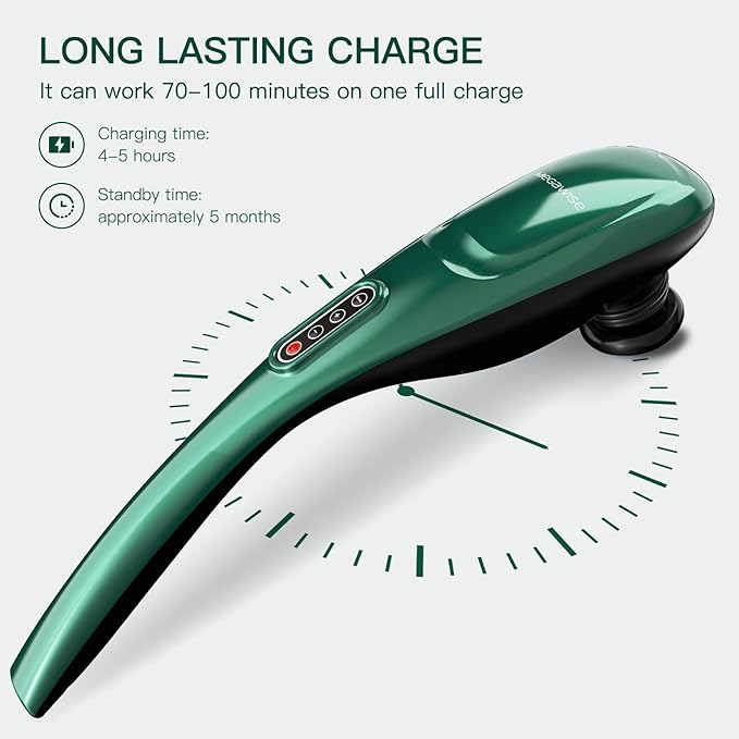 MEGAWISE Handheld Back Massager w/Rechargeable 3200mAh Battery 5 Speed and 5 +2 Massage Nodes with Hard (Dark Green)