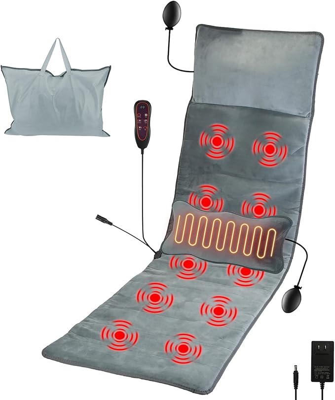 Full Body Electric Massage Mat with Heat Vibration Back Massage Pad Cushion with Inflatable Head Pillow and Lumbar Pillow 10 Vibration Motors 3 Timers
