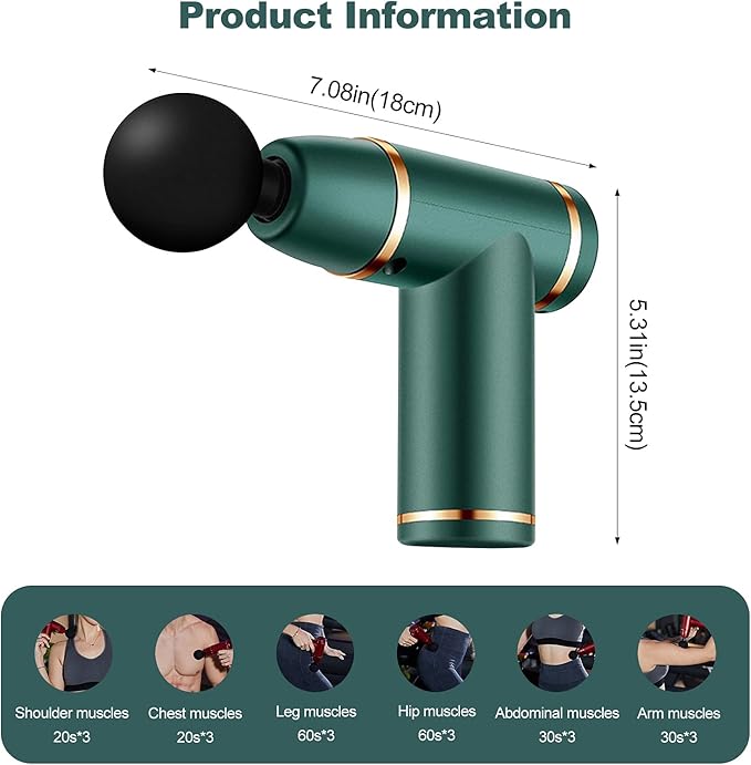 Ergocar Powerful Muscle Massage Gun Deep Tissue 6 Speeds Handheld Electric Body Massager with 4 Heads Super Quiet Fashion for Athletes Sedentary Office WorkerButton Style-Green Gold