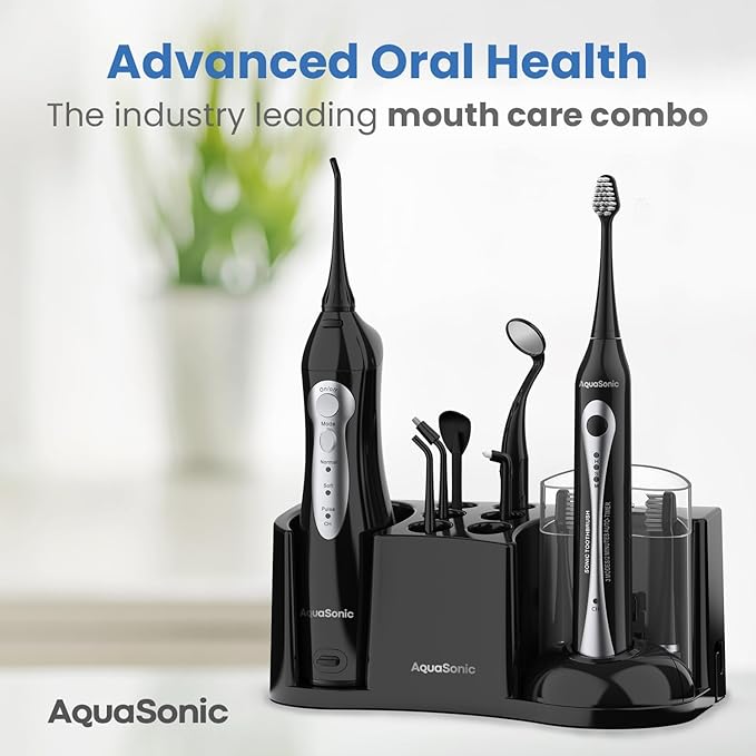 AquaSonic Home Dental Center Rechargeable Power Toothbrush &amp Smart Water Flosser - Complete Family Oral Care System - 10 Attachments and Tips Included - Various Modes &amp Timers (Black)