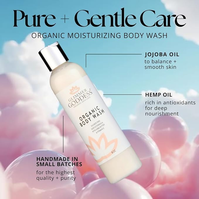 GLIMMER GODDESS Organic Moisturizing Body Wash Organic Vegan Gentle for Face Body Hair with Shea Butter and Coconut Oil Sensitive Skin - Honeysuckle 8 oz.