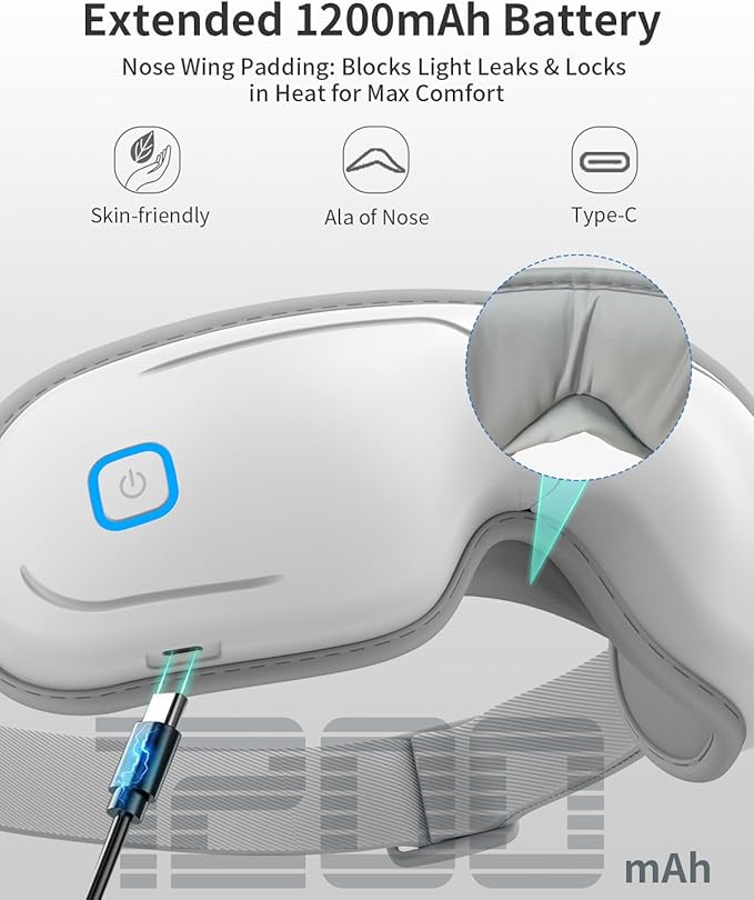 Eye Massager with Heat and Compression - Classic White Heated Eye Mask with Vibration Bluetooth Music 6 Modes Rechargeable 1200mAh Battery for Eye Strain Dry Eyes Migraines Relief