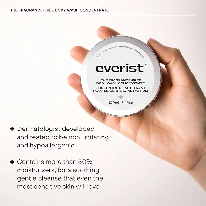 Everist Fragrance-Free Body Wash Concentrate – Dermatologist-Developed &amp Tested Hydrating Cream Cleanser with Aloe Vera &amp Glycerin – Hypoallergenic Non-Irritating Plant-Based Vegan – 100ml