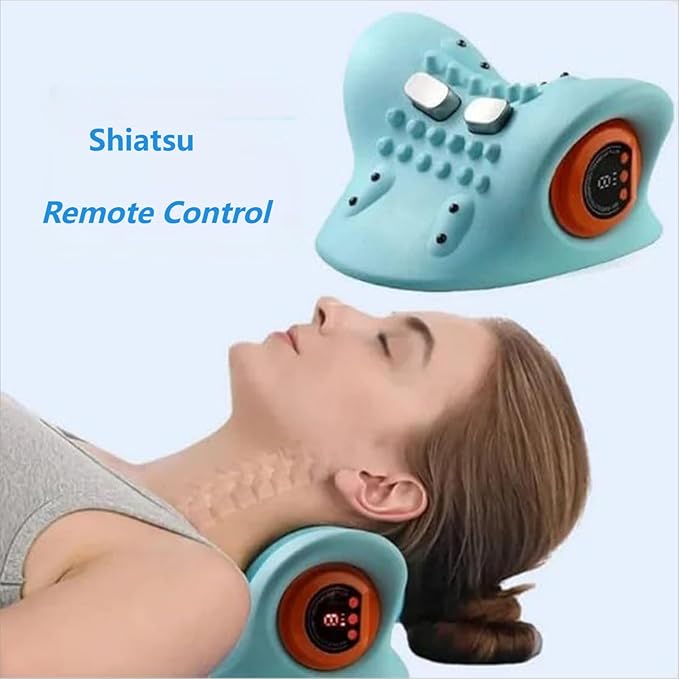 Massager Electric 6 Levels Massage Intensity Heated Stretcher 4D Portable Massager Cervical Stretching Pillow Massage for Neck &amp Shoulder Discomfort Relief (Blue)