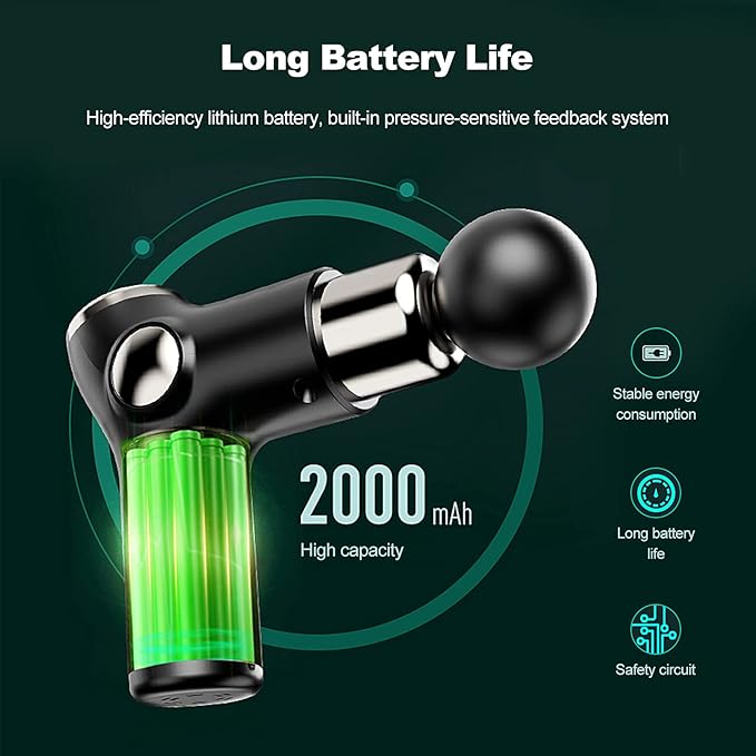 Ergocar Powerful Muscle Massage Gun Deep Tissue 6 Speeds Handheld Electric Body Massager with 4 Heads Super Quiet Portable for Athletes Sedentary Office Worker Touch Screen-Green