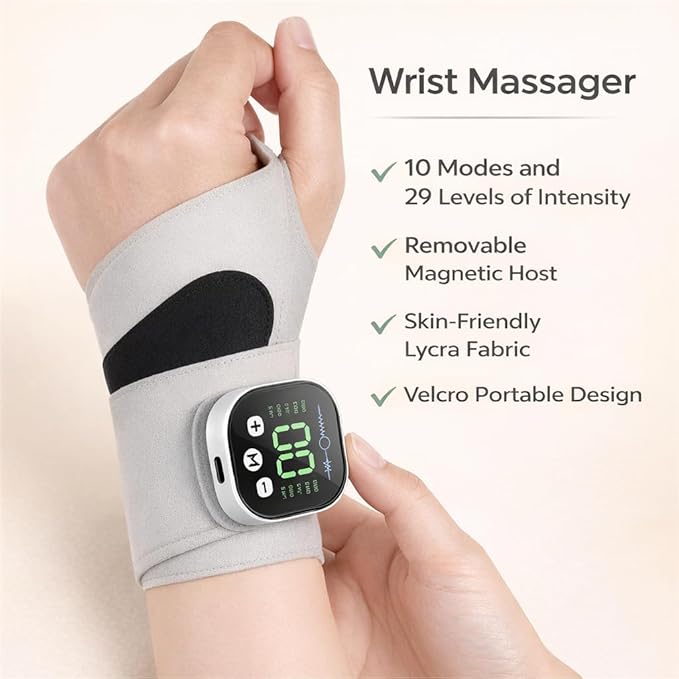 Rechargeable Electric Wrist Massager Portable Hand Heating Pad with 8 Modes &amp 30 Intensity Levels Wrist Massage Machine Wearable Hand Heating Pad for Daily &amp Sports (White) (White)