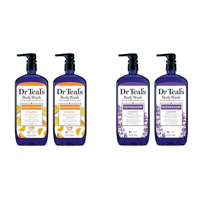 Dr Teal's Body Wash Bundle with Pure Epsom Salt Glow &amp Radiance with Vitamin C &amp Citrus Essential Oils 24oz (Pack of 2) and Soothe &amp Sleep with Lavender 24 fl oz (Pack of 2)