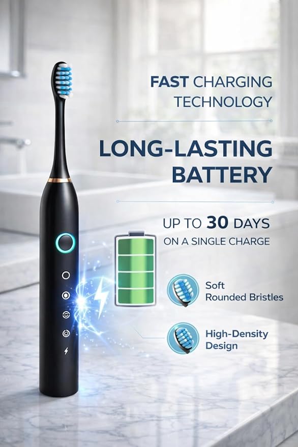 GajetNest Sonic Electric Toothbrush 6 Modes 42000 VPM 6 Brush Heads 15 Day Battery Great for Travel Powerful Toothbrush Black