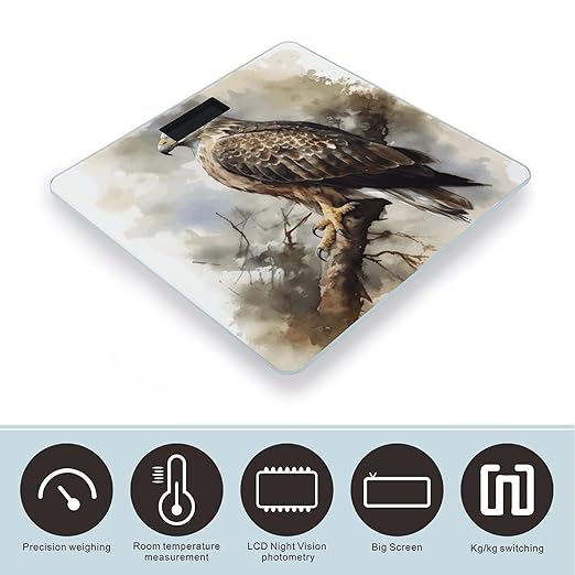 Watercolor of Hawk Sitting in The Tree Weight Scale Large Bathroom Scales Digital Weight with Bright LED Display Non Slip Automatic Weighing Scale Fashion Weighing Machine for Body