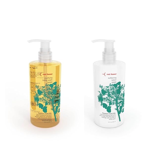 Red Flower Ocean Body Care Duo: Purifying Body Wash &amp Softening Lotion Set for Hydrated Fresh Nourished Skin