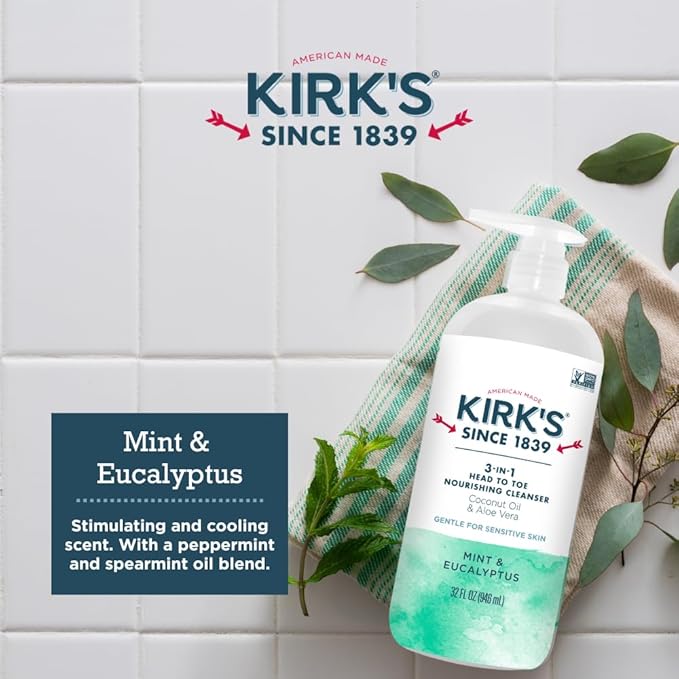 Kirk's 3-in-1 Head to Toe Nourishing Liquid Cleanser - for Men Women &amp Children - Premium Coconut Oil &amp Aloe Vera - Non GMO &amp Vegan - Mint and Eucalyptus - 32 Fl Oz. 2 pack