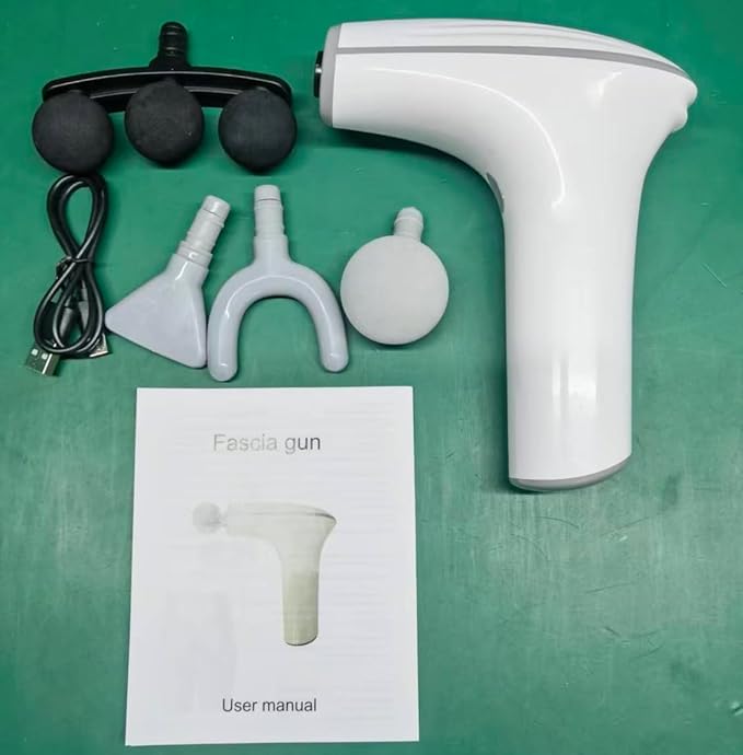Deep Tissue Massage Gun Portable Percussion Muscle Massager with Four Interchangeable Heads Useful for Athletes Gym Office (White)