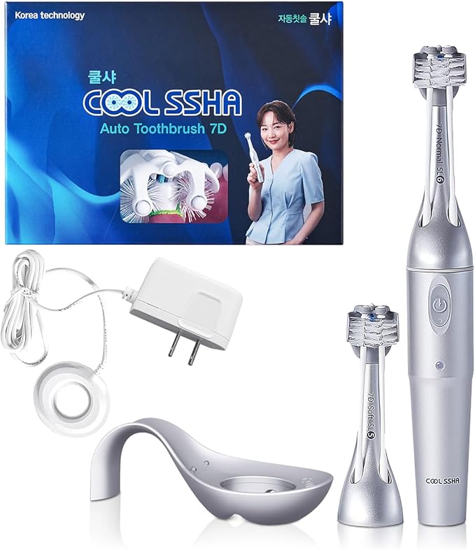 Korean Dual-Action Toothbrush Set - Premium Soft Bristle 3 Head Silver Handle for Deep Cleaning Teeth &amp Gums