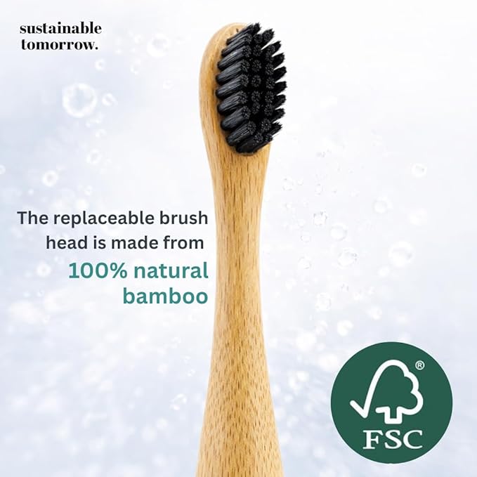 Sustainable Tomorrow Zen Bamboo Electric Toothbrush Durable Wood-Grain ABS Handle Rechargeable w/Plant-Based Soft Bristles Bamboo Heads 5 Modes &amp 30-Day Battery (White)