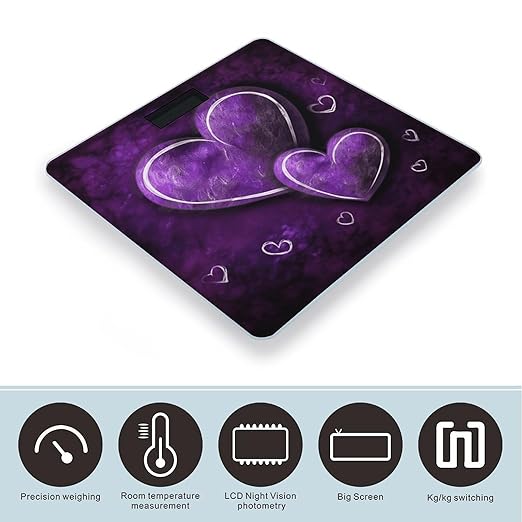 Purple HeartsScale for Body Weight with LCD High Precision Weighing Scales Fashion Sturdy Tempered Glass Weight Scales Easy-to-Read Digital Bathroom Scale for Daily 400lb