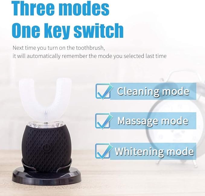 Ultrasonic U-Shaped Toothbrushes for Adult 360 Automatic Electric Toothbrush with Timer Wireless Charging Toothbrush Kit for Travel or Home (Black Medium)