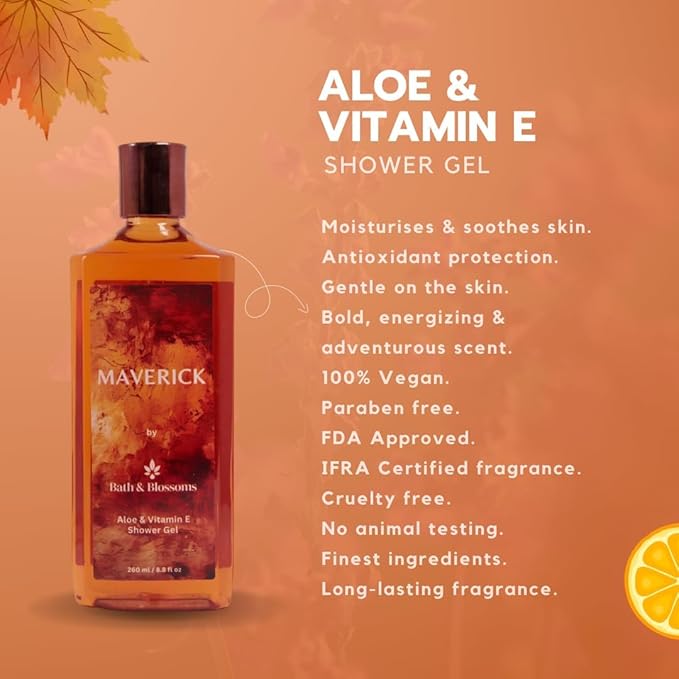 Bath &amp Blossoms Maverick Refreshing &amp Energizing Aloe &amp Vitamin E Shower Gel 260 ml | 100% Paraben free &amp Vegan | Suitable for all skin types