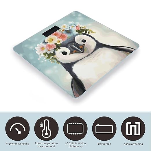 Penguin Wearing Flowers Scale for Body Weight Anti-Slip Digital Bathroom Scale Sturdy Toughened Glass Weighing Scales High Precision Safe Rounded Corners Smart Scales