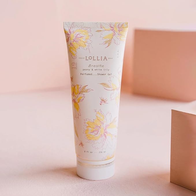 LOLLIA Breathe Shower Gel 8 fl oz Peony &amp White Lily Luxury Shea Moisture Hydrating Women's Body Wash Delicate &amp Relaxing Scented Bath Soap for Self Care