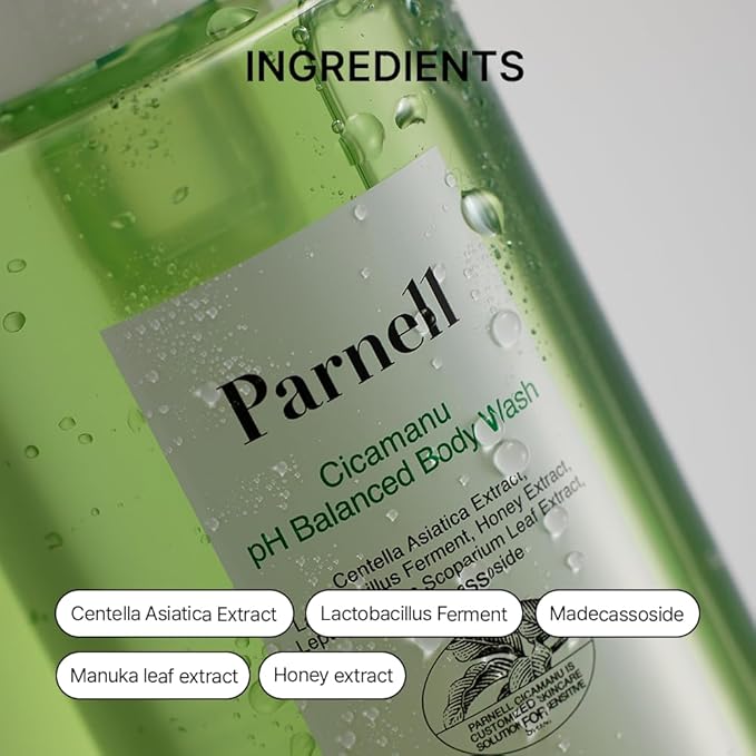 Parnell Cicamanu pH Balanced Body Wash 13.5 Fl Oz | Salicylic Acid LHA Cica HA Ceramide | Mild Soothing Cleanser for Back Acne Bacne &amp Sensitive Troubled Skin