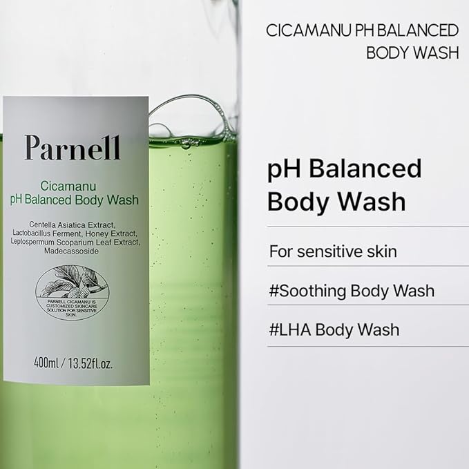 Parnell Cicamanu pH Balanced Body Wash 13.5 Fl Oz | Salicylic Acid LHA Cica HA Ceramide | Mild Soothing Cleanser for Back Acne Bacne &amp Sensitive Troubled Skin