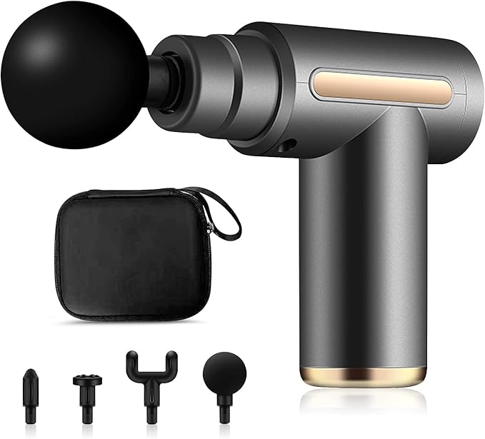 Ergocar Powerful Muscle Massage Gun Deep Tissue 6 Speeds Handheld Electric Body Massager with 4 Heads Super Quiet Fashion for Athletes Sedentary Office WorkerButton Style-Grey