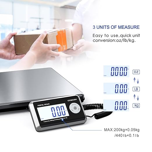 Shipping Scales 440lbs x 1.76oz Stainless Steel Large PlatformSmall BusinessSuperlight High Accurate Postal Scales for Shipping PackagesPost OfficesLuggage Scale Battery and Adapter