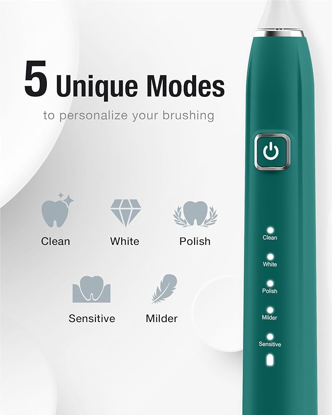 7AM2M Sonic Electric Toothbrush with 6 Brush Heads for Adults&ampKids One Charge for 120 Days Wireless Fast Charge 5 Modes 40000VPM Powered Toothbrush 2 Minutes Built in Smart Timer - Peacock Gr