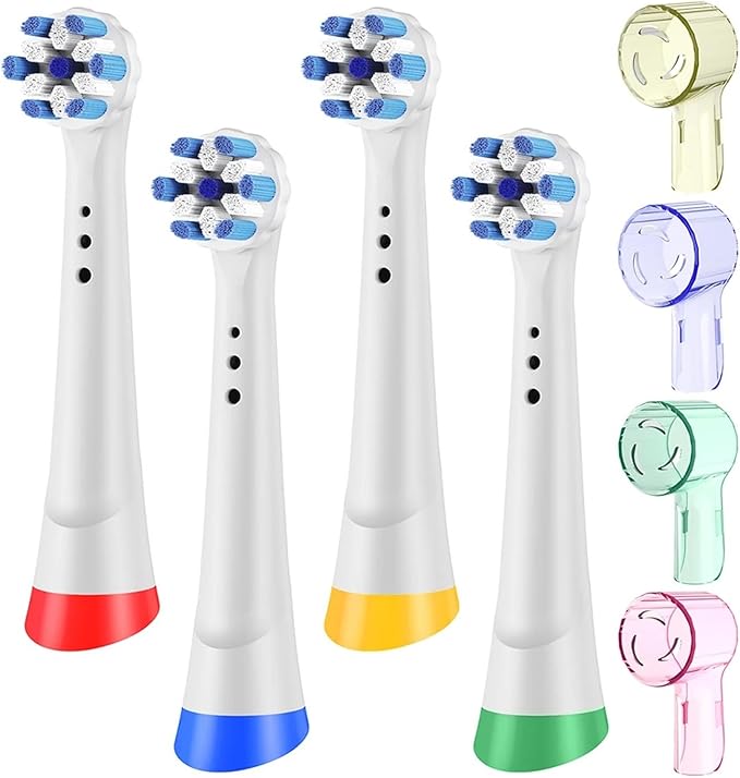 4X Replacement Brush Heads &amp 4X Toothbrush Head Protective Caps Compatible for Oral B iO 2/3/4/5/6/7/8/9 Electric Toothbrushes(White-Colorful)