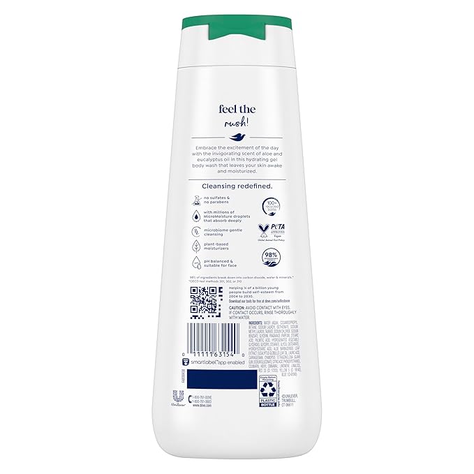 Dove Body Wash with Pump 4 Count Invigorate Aloe &amp Eucalyptus For 24hr Lotion-Soft Skin Moisturizing Skin Cleanser with No Sulfates No Parabens