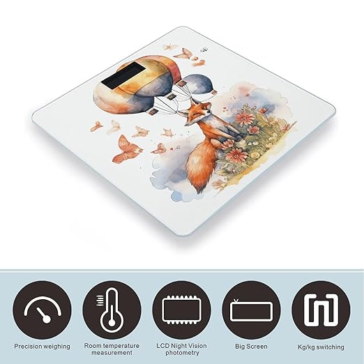 Fox and Hot Air Balloon Digital Bathroom Scale for Body Weight with High Precision Digital Weighing Scale with BMI Clear LCD Display and Step-On Measures Weight Up to 180kg